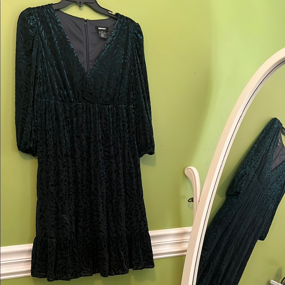 EUC DNKY Dark Green Burnout Velvet Dress